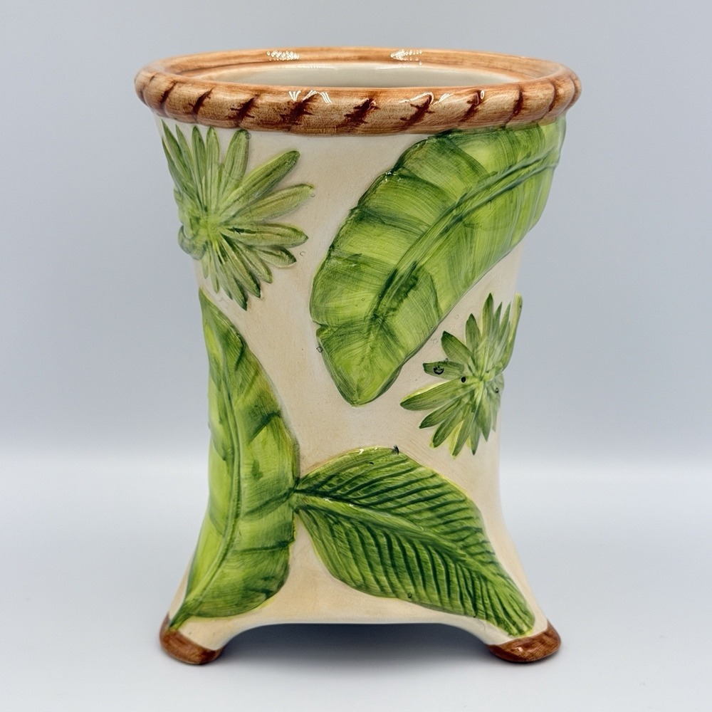 American Atelier Palm Leaf Ceramic Planter Cachepot Canister Base Tropical Pot